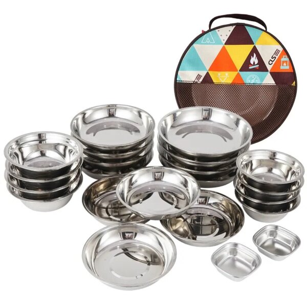 17/22Pcs Set Stainless Steel Dinner Dish Plate Outdoor Travel Picnic Tableware Durable Camping Salad Bowl Food Container