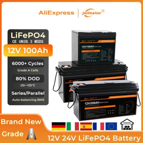 2024 New jsdsolar 12V 24V 100Ah 200Ah LiFePO4 Battery Pack Deep Cycle Built-in 100A BMS Perfect for RV Marine Truck Solar System