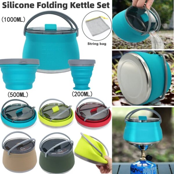 3-1PCS Silicone Folding Kettle Cup Set Portable Collapsible Boiling Water Pot Drinking Cups Bowl Tableware Set Outdoor Camping