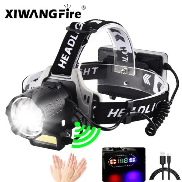 5000LM Zoom Headlamp Motion Sensor Flashlight 9 Modes Light with Battery Indicator Rechargeable Torch 180° Rotation Head lamp