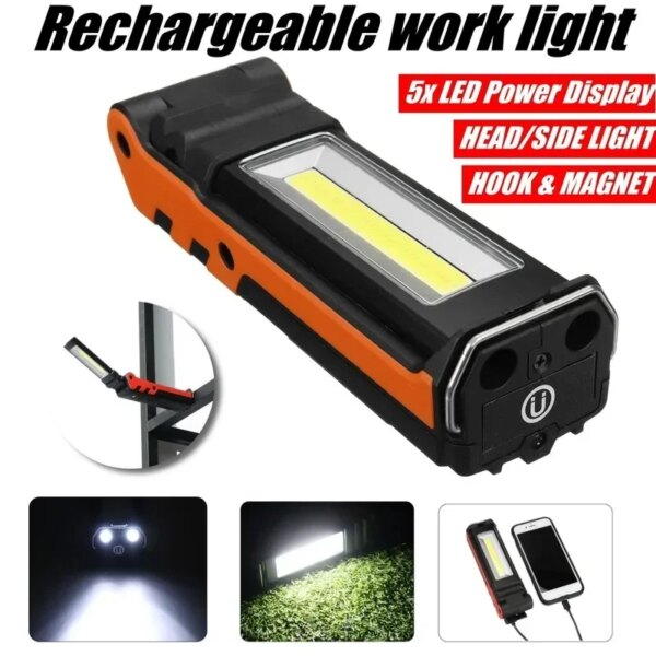 Dimmable COB LED Work Light USB Rechargeable Flashlight with Magnetic &Hook Power Bank Inspection Lamp  for Car Repair Camping