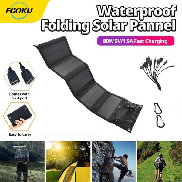 FCOku 80W Foldable Solar Panel 5V USB Portable Battery Charger For Cell Phone Waterproof Power Bank for Outdoor Camping Fishing