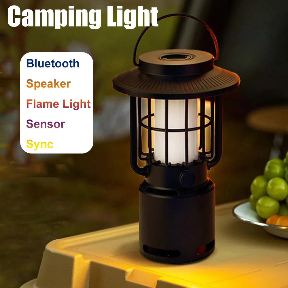 Hanging Rack Stand Charged Camping Lantern IP65 Waterproof Bluetooth Gravity Sensor Speakers Flame Light Atmosphere Tent Torch