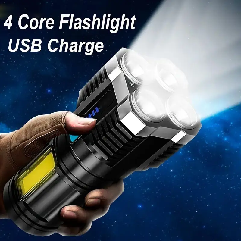 LED Flashlights Camping Torch High Power COB Side Light With 4 Lamp Beads Powerful Rechargeable Portable Hand Lantern