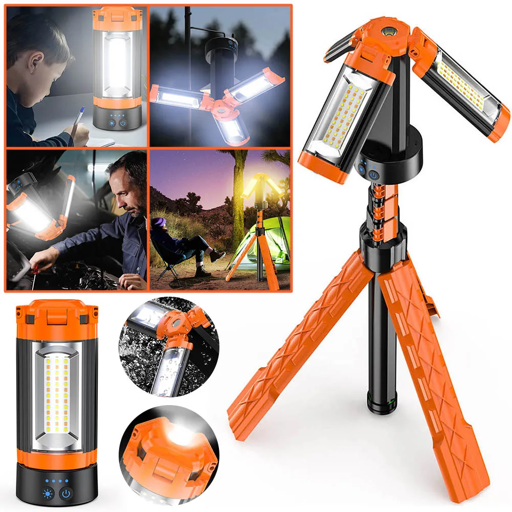LED Work Light with Tripod Stand USB Rechargeable Portable Camping Light Hanging Hook Holder Support Lamp for Outdoor Picnic BBQ