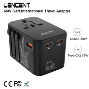 LENCENT 65W GaN Universal Travel Adapter with 1USB Dual Type C PD3.0 All-in-one Travel Charger EU/UK/USA/AUS Plug for Travel
