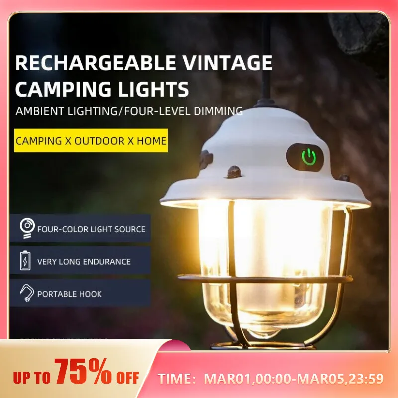 Mini LED Camping Lanterns Type-C Rechargeable Dimming Portable Hanging Tent Light 1200mAh for Hiking Fishing Emergency Lanterns
