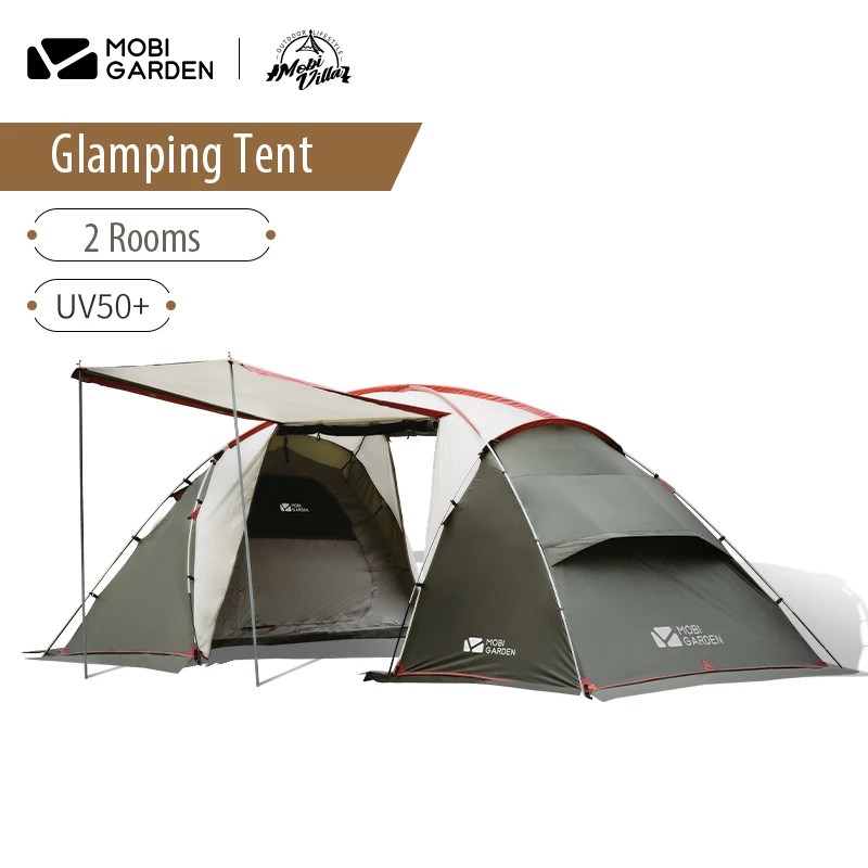 Mobi Garden ShiJia SJ4 Olive Green Large Family Tent 2 Rooms with Porch 4 Persons For Camping Travel Trekking Backpacking Luxury