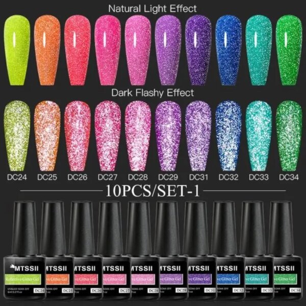 Mtssii 10Pcs/set Reflective Nail Polish Gel Set 6ml Semi Permanent UV Led Gel  Soak Off Nail Lacquers Base Top Coat Varnish Kit