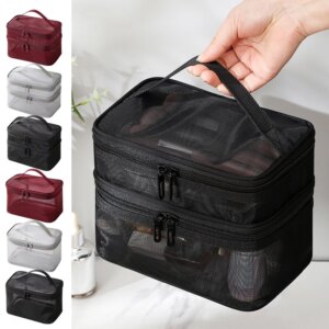 New Travel Cosmetic Bags Transparent Mesh Pouch Double Layer Makeup Handbag For Women Toiletry Kit Portable Washbag 2024