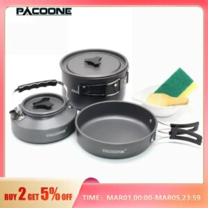 PACOONE Camping Cookware Set Portable Cookware Kit Outdoor Pot Cooking Water Kettle Pan Set Tableware Hiking Picnic Equipment