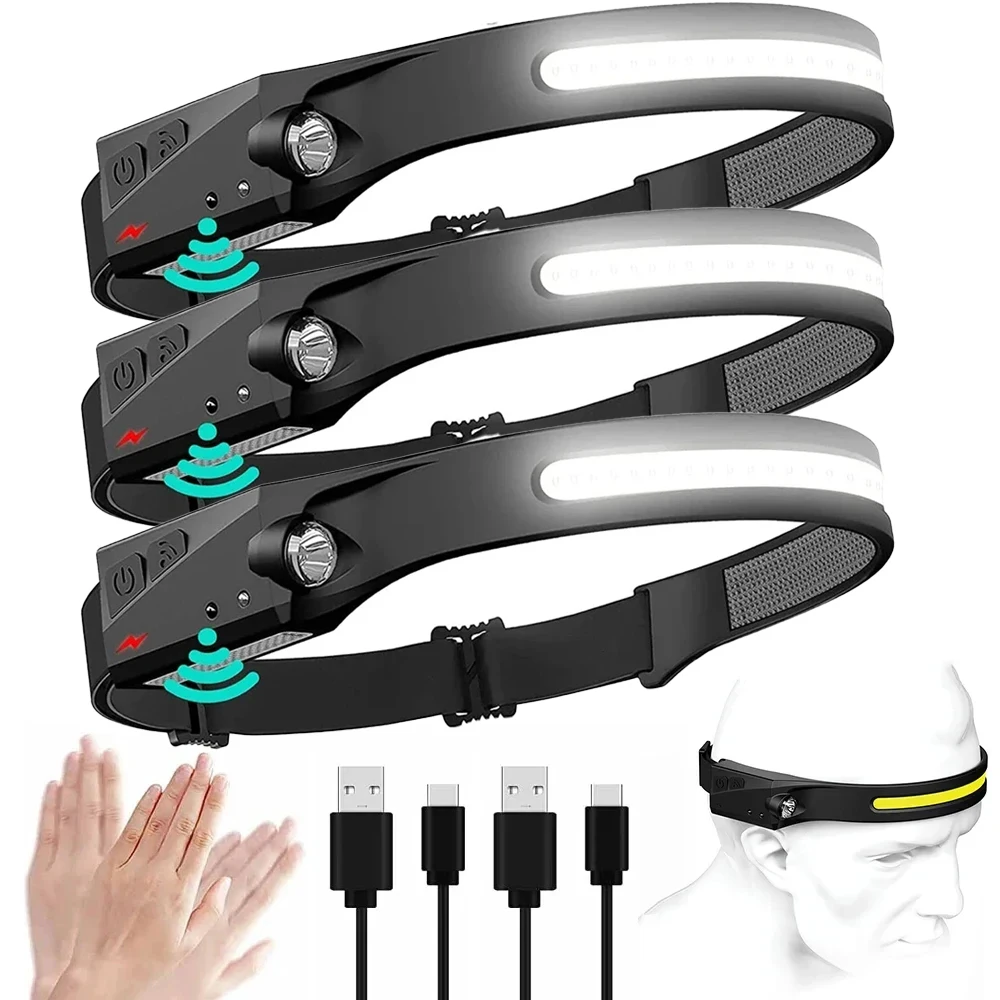 Portable LED Induction Headlamp XPE+COB Fishing Head Torch Built-in Battery USB Rechargeable Outdoor Super Bright Camping Lamp