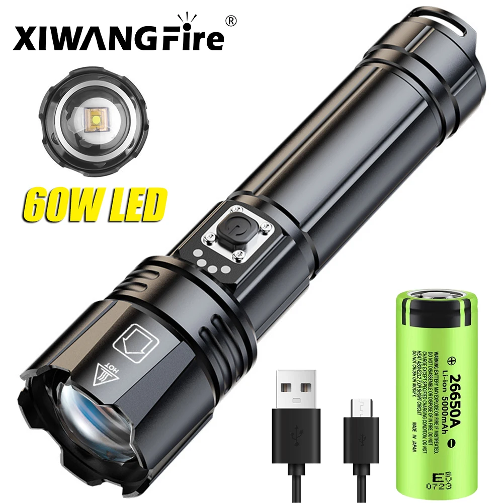 Powerful LEP Flashlight USB Rechargeable Zoomable Emergency Torch Super Bright Spotlight Long Range Tactical Camping Lantern