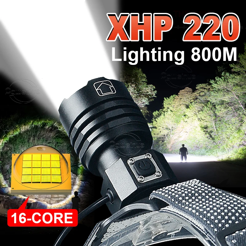 Powerful XHP220 Led Headlight Rechargeable High Power Headlamp Strong Light Lighting Floodlight Head Flashlight Zoom for Camping