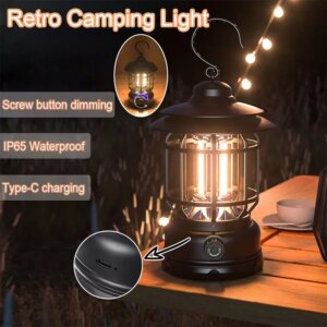 Retro Camping Lamp USB Rechargeable Lantern Camping Light Lighting Lantern Lamp Torch Outdoor Camping Light Waterproof