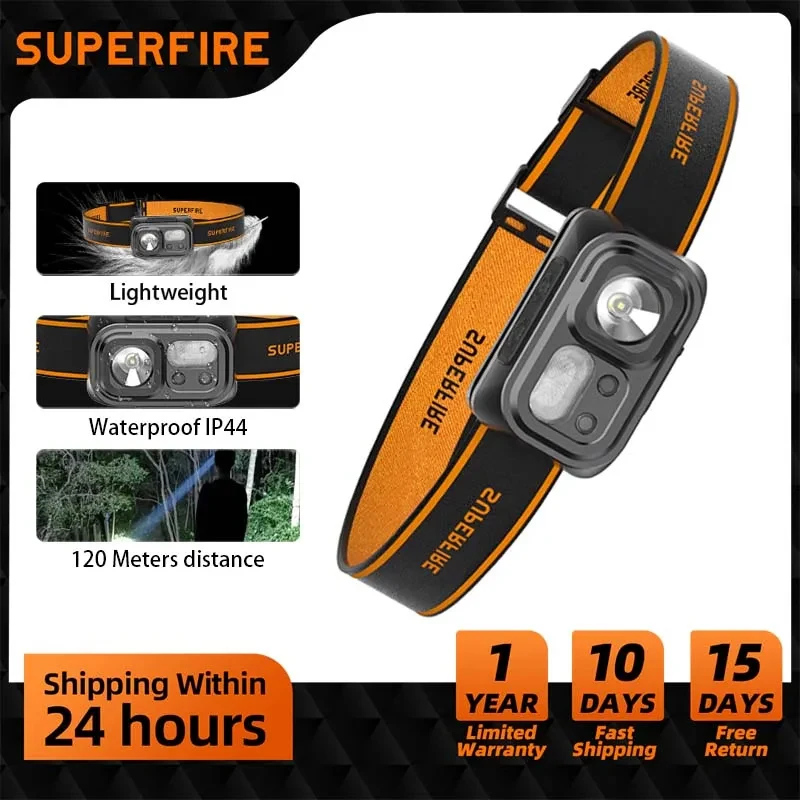 SUPERFIRE Mini Rechargeable Powerful Headlamp Hiking Camping USB C Head Light LED Sensor Headlight Front Head Lamp For Working