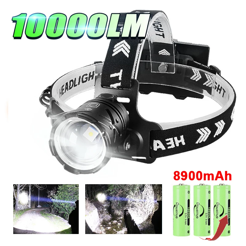 Super Powerful 10000LM LED Headlamp Fishing USB Rechargeable Head Torch 3 Modes Head Lantern 18650 Outdoor Headlight Camping