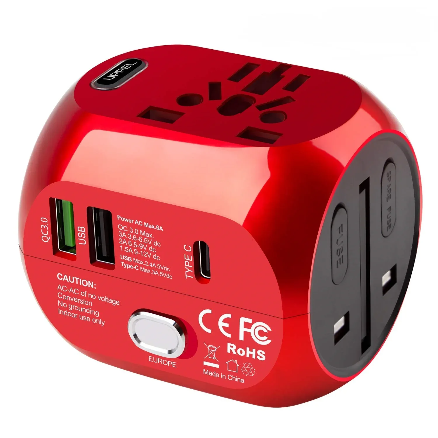 UPPEL Universal Travel Adapter US/UK/AU/EU Multiple Plug Converter Fast QC3.0 Type C USB Charger 3 Ports European Power Adapter