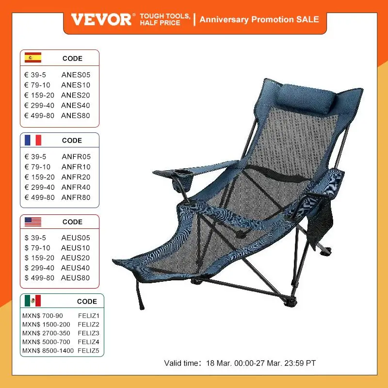 VEVOR Outdoor Folding Camp Chair Backrest With Footrest Portable Bed Nap Chair For Camping Fishing Foldable Beach Lounge Chair