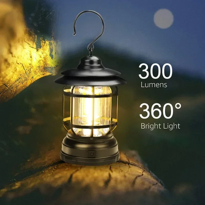 Vintage Camping Lantern 3*AA Battery Powered 300 Lumen Tent Light 360° Outdoor Warm Lighting 2 Modes Portable Emergency Lamp