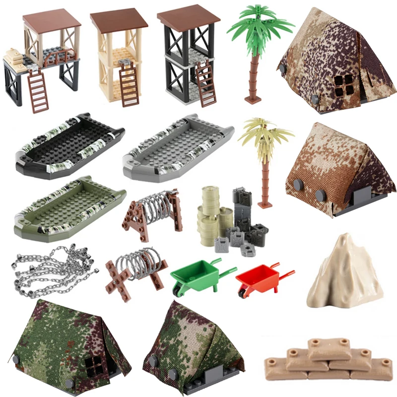 WW2 Military Weapon Accessories Plant Tent Sentry Oil Drum Barrow Cart Ship Barricade Iron Chain Model Rockery Brick Toys