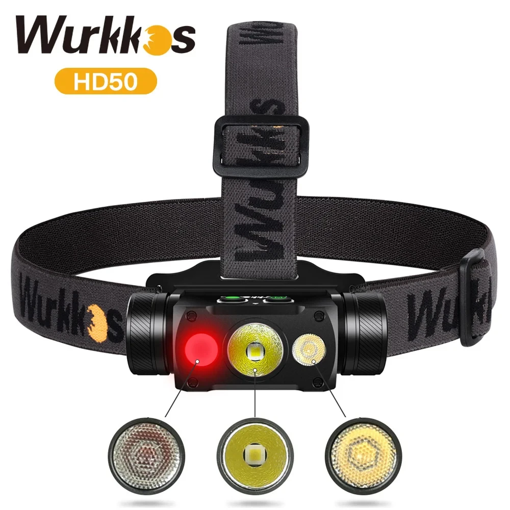 Wurkkos HD50 Headlamp 2A Rechargeable 21700 Headlight 4000lm XHP50.3 HI+LH351D+660nm Red Light Toollamp Magnetic Tail Camp Light