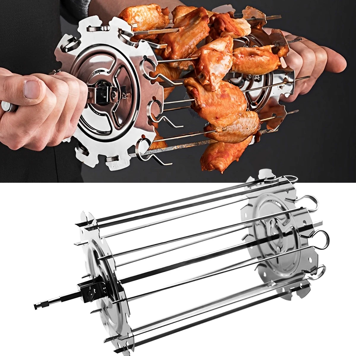 Oven Grill Cage Stainless Steel Meat Skewer Cage Non-Stick Kebab Maker Meat Skewer Heat-Resistant BBQ Roaster Machine Rotisserie