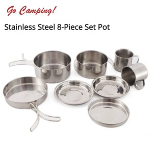 Outdoor Stainless Steel 8-Piece Set Pot Camping Mountaineering Portable Picnic Barbecue Cooking Multifunctional Tableware Set